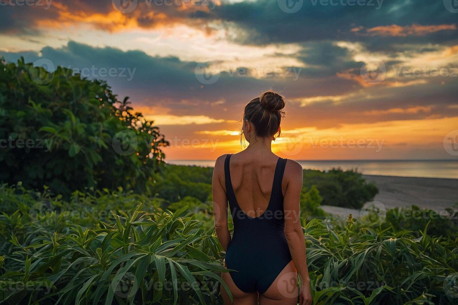 un mujer en un uno pedazo traje de baño soportes en el playa a puesta de sol foto