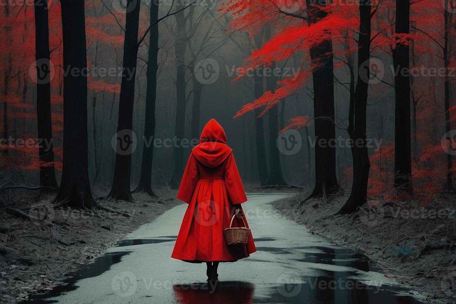 a woman in a red cloak walks down a path in the woods photo