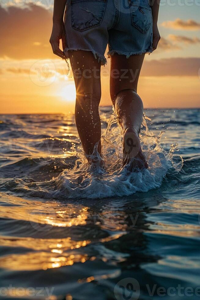 a person walking in the ocean at sunset photo