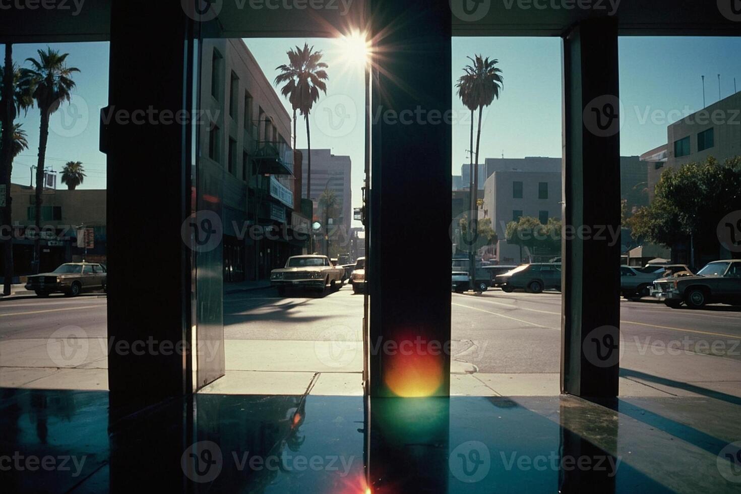 a close up of a shiny surface with a reflection of the sun photo