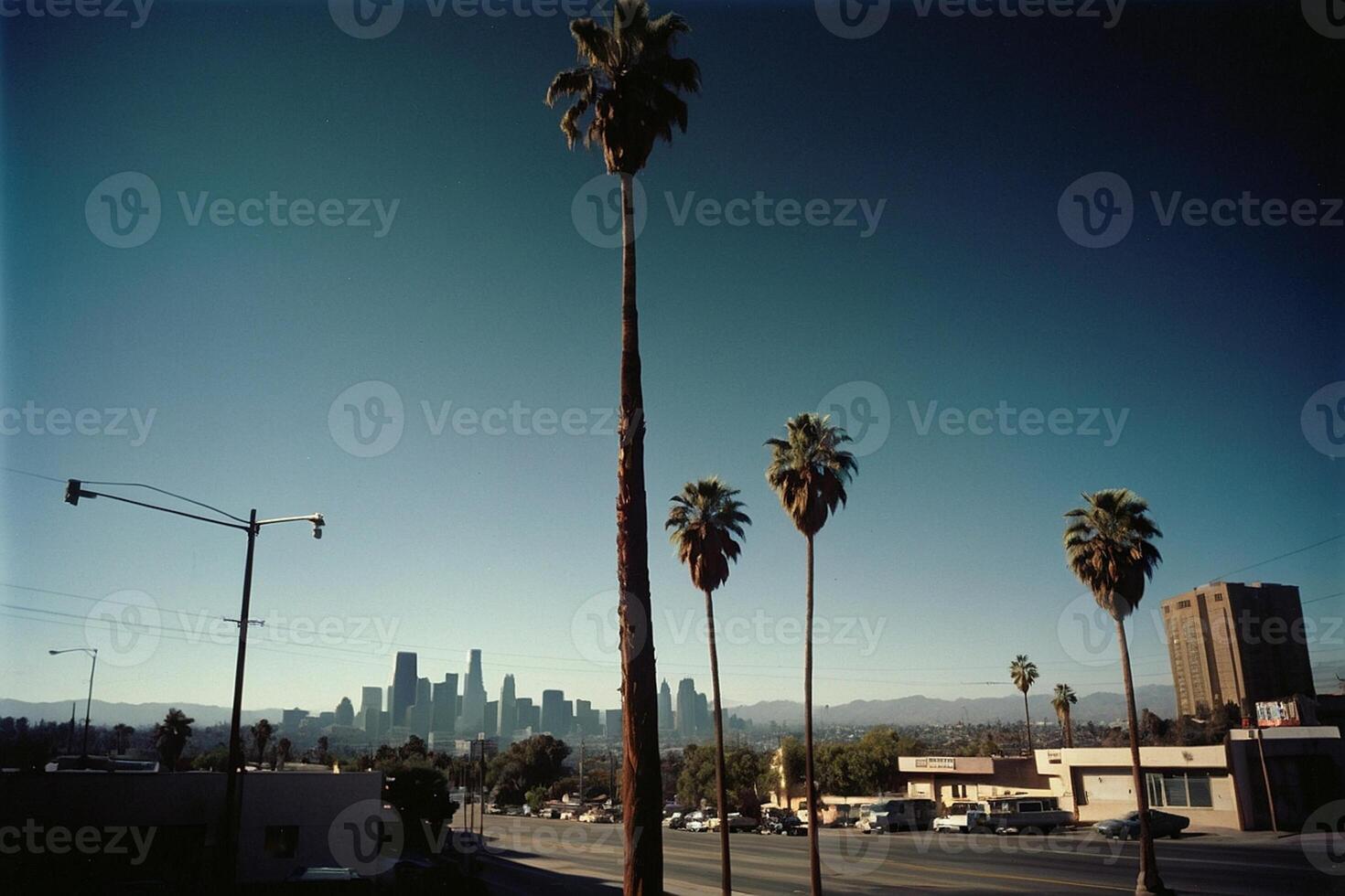 a view of the city skyline from a street corner photo