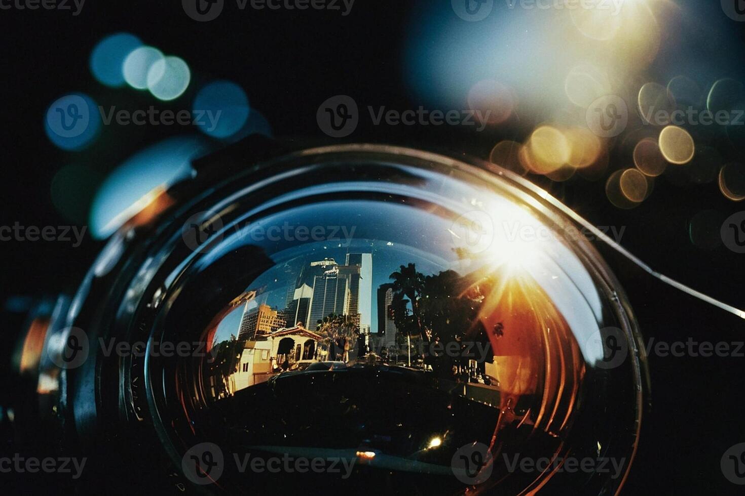 a reflection of a city in a mirror photo