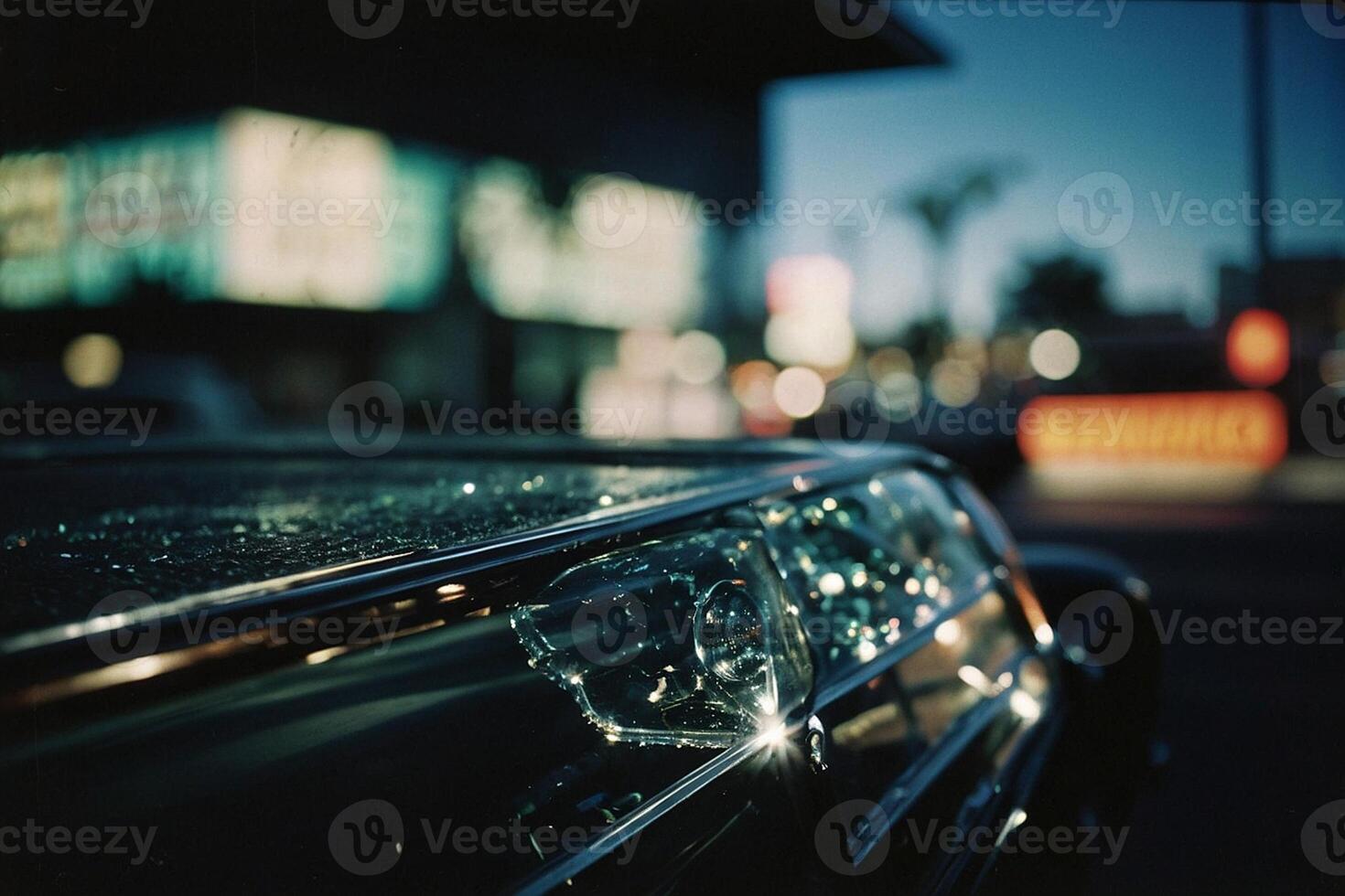 a car with a reflection of the street lights in the windshield photo
