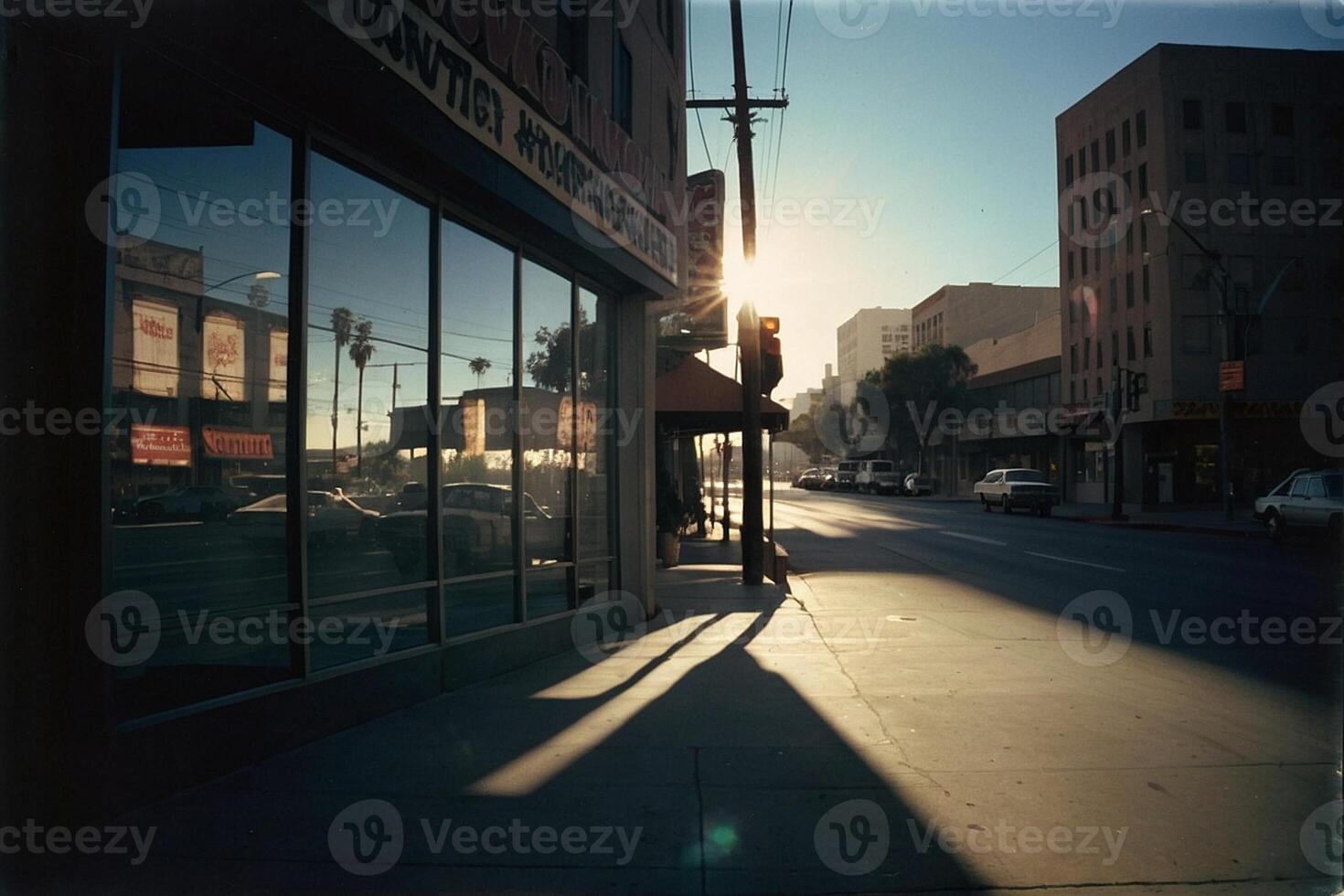 a view of the sunset from a street in downtown los angeles photo