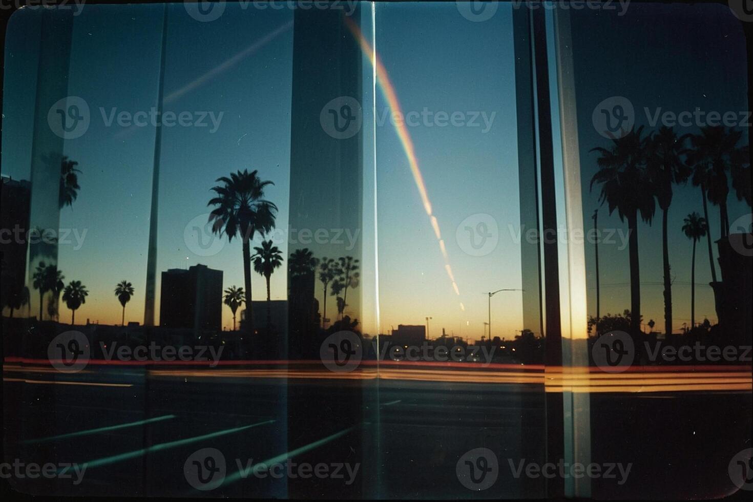 a rainbow is reflected in the window of a building photo