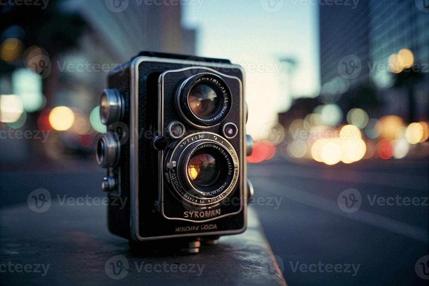 an old camera is shown in front of a black background photo