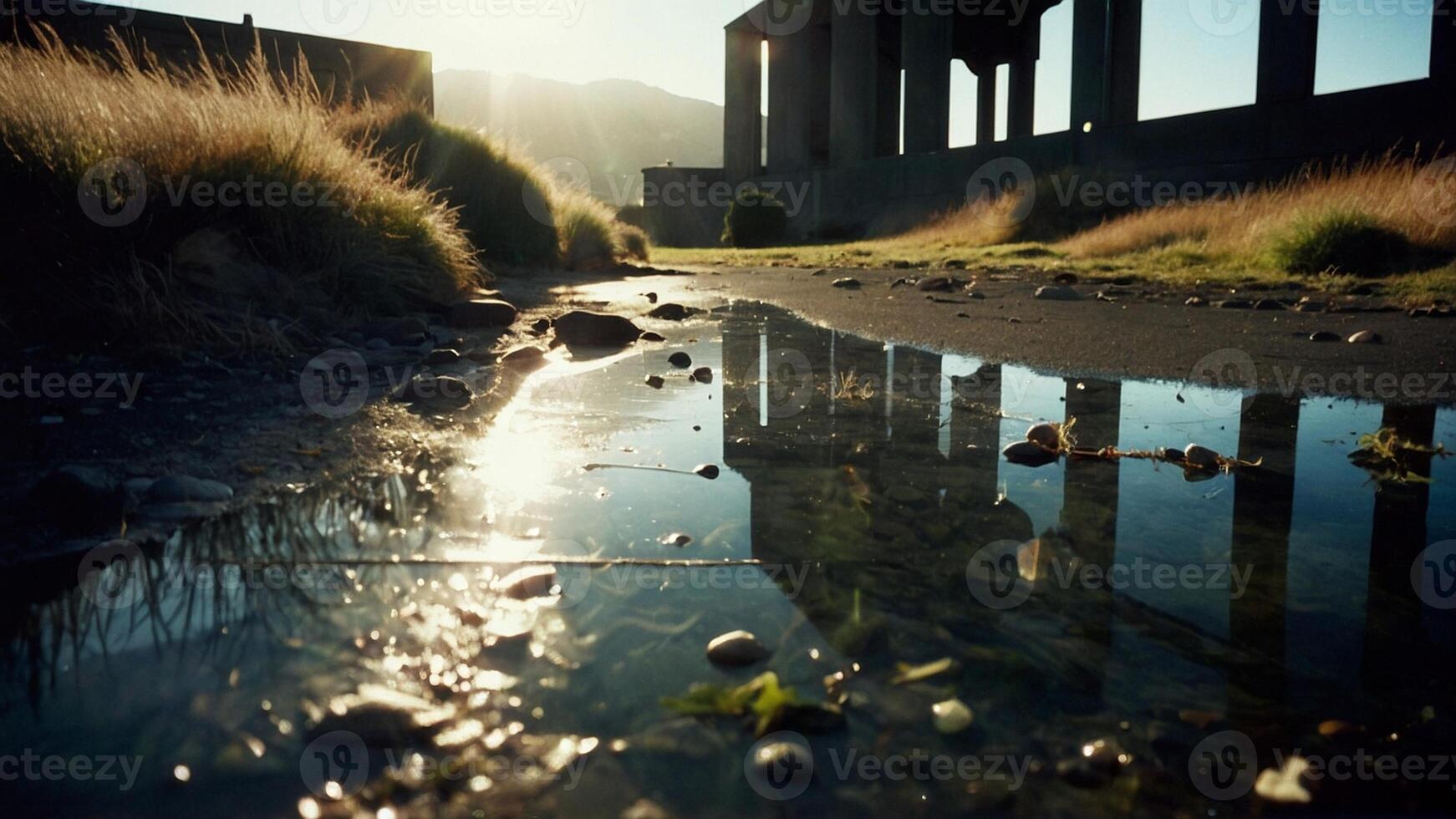 a stream of water runs through grass and rocks photo