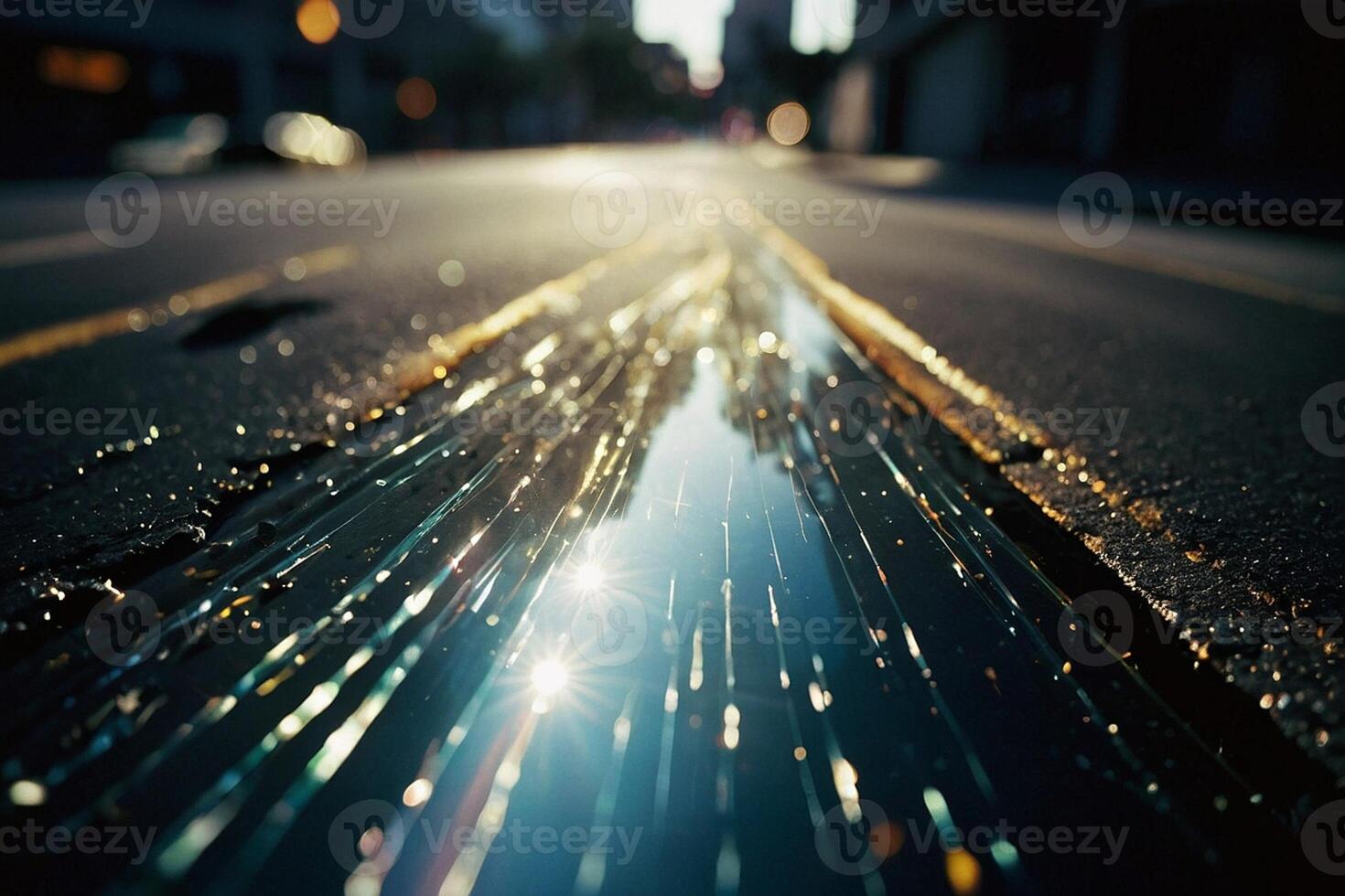 a puddle of water on the road with a reflection of the sun photo