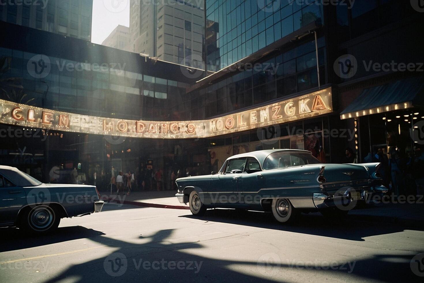 two classic cars parked in front of a theater photo