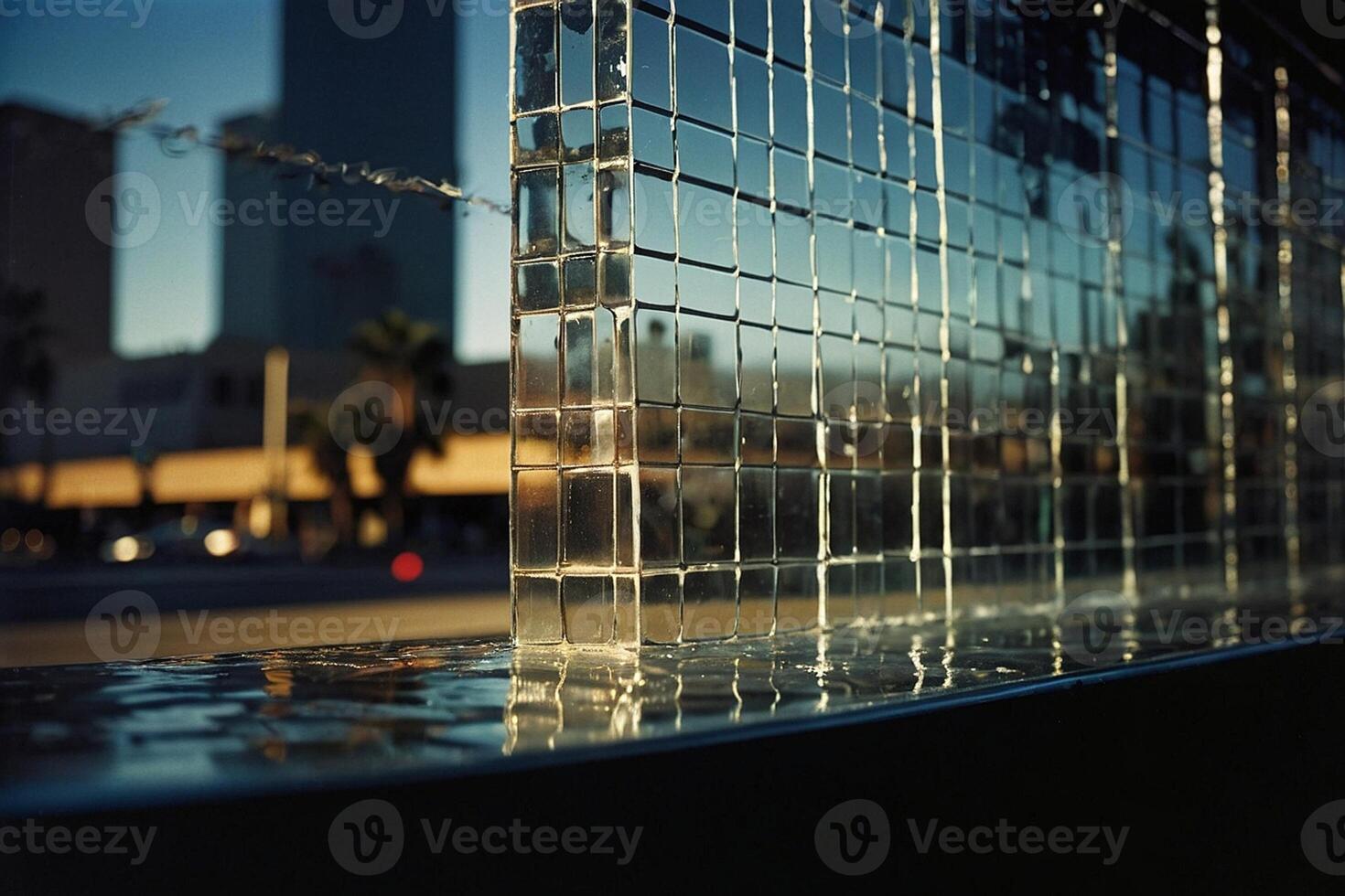 a view of the city through a glass window photo