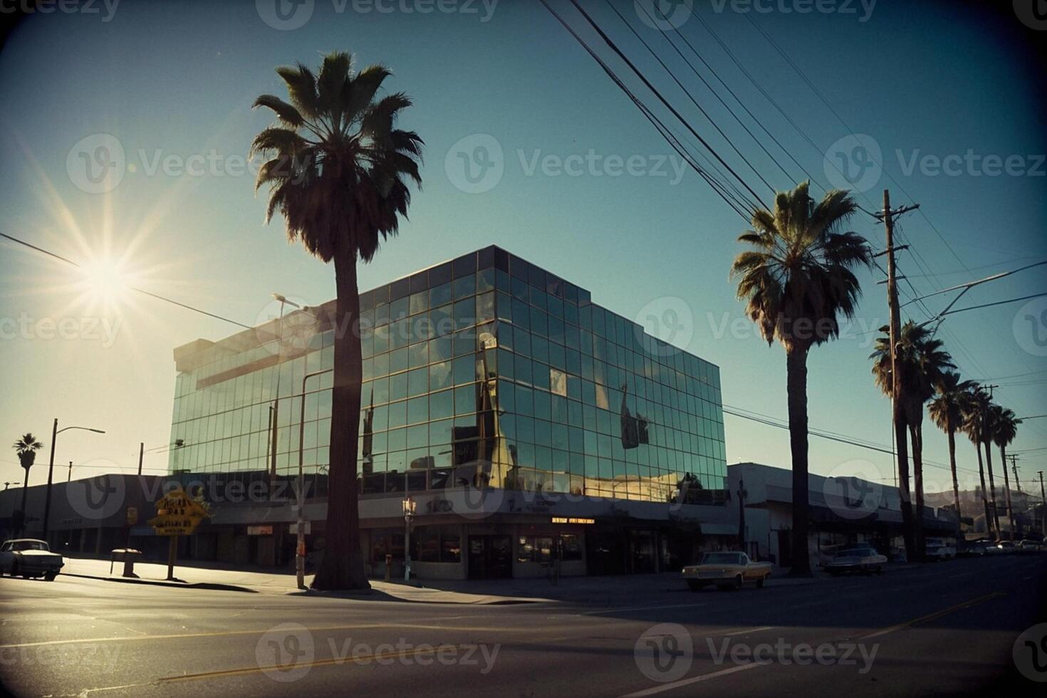 a large building with palm trees in front of it photo