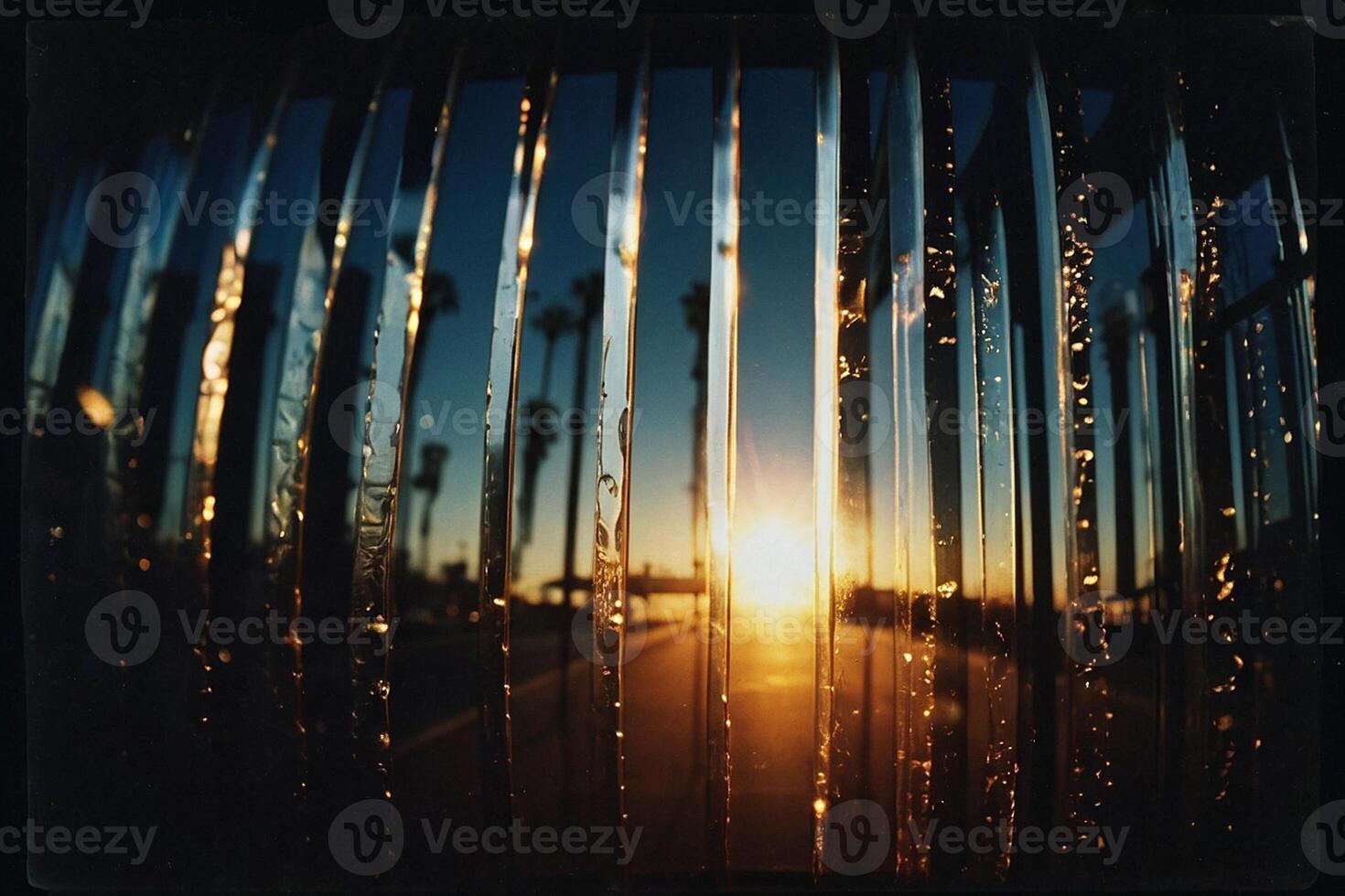 a view of the sun setting through a window photo