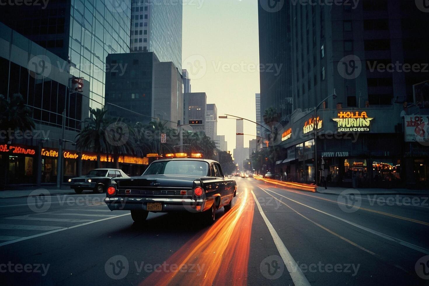 a car driving down a city street at dusk photo