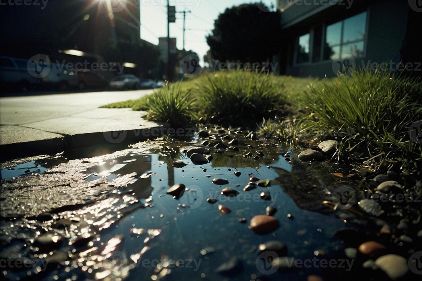 un charco de agua en el suelo con césped y rocas foto