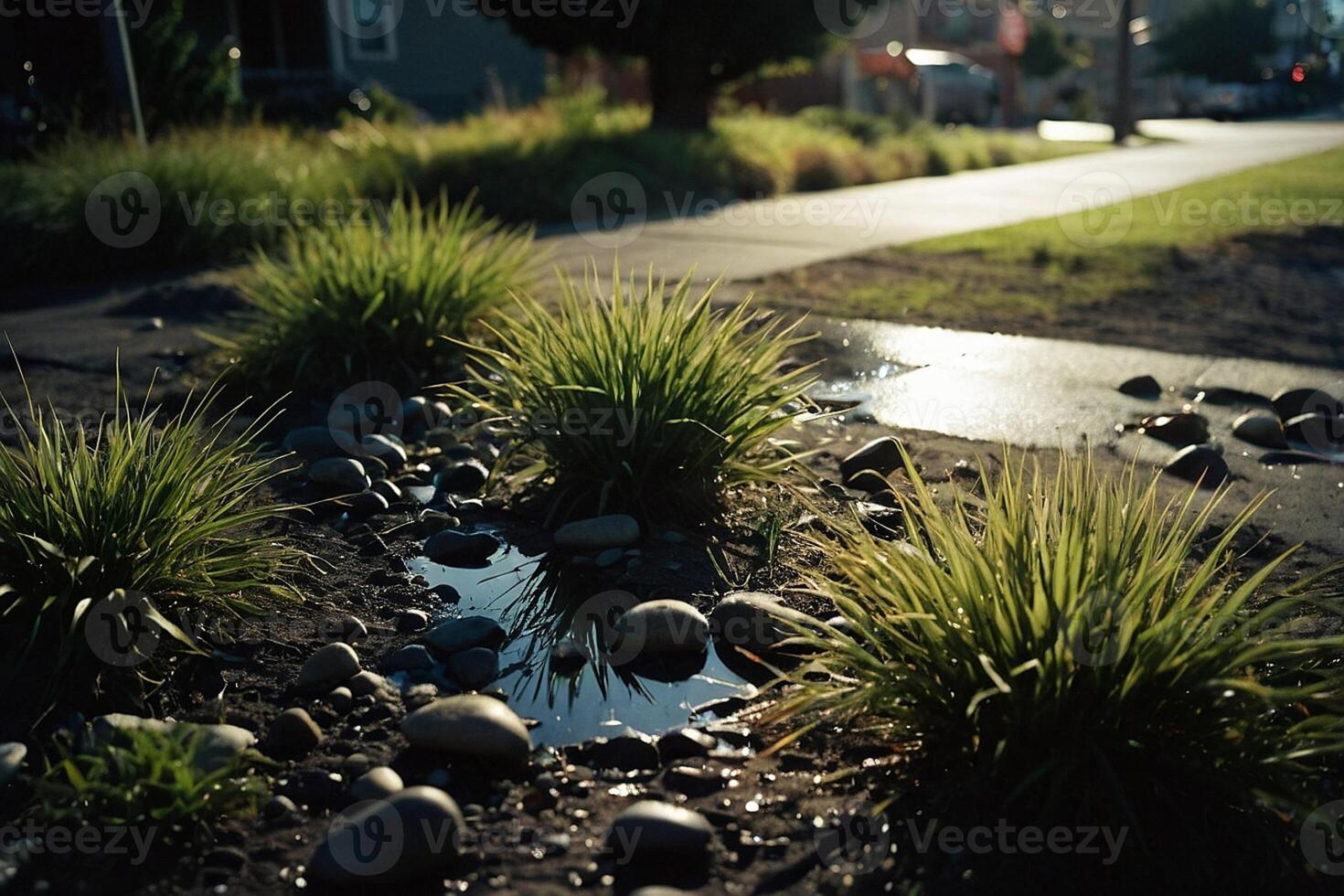 a grassy area with rocks and grass photo