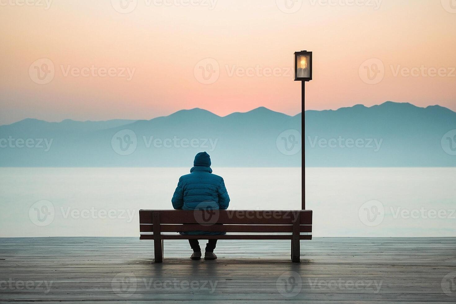 un persona sentado en un banco mirando fuera a el Oceano foto