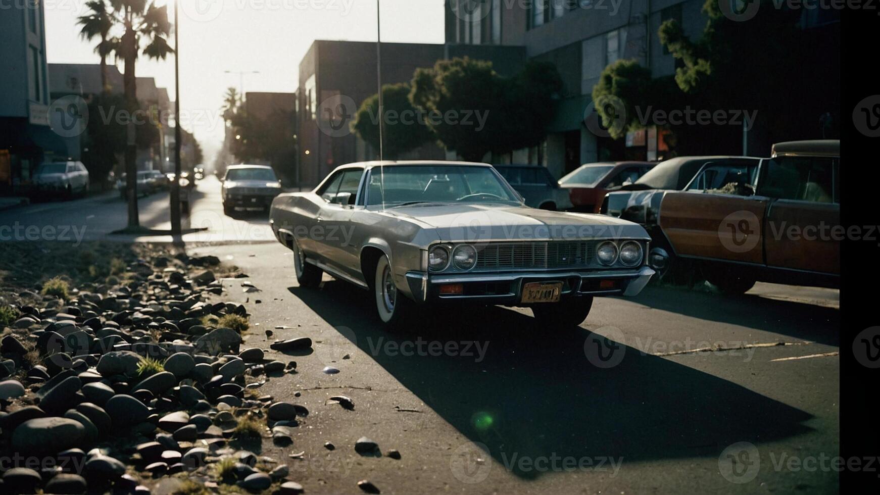 a classic car is parked on the side of the road photo