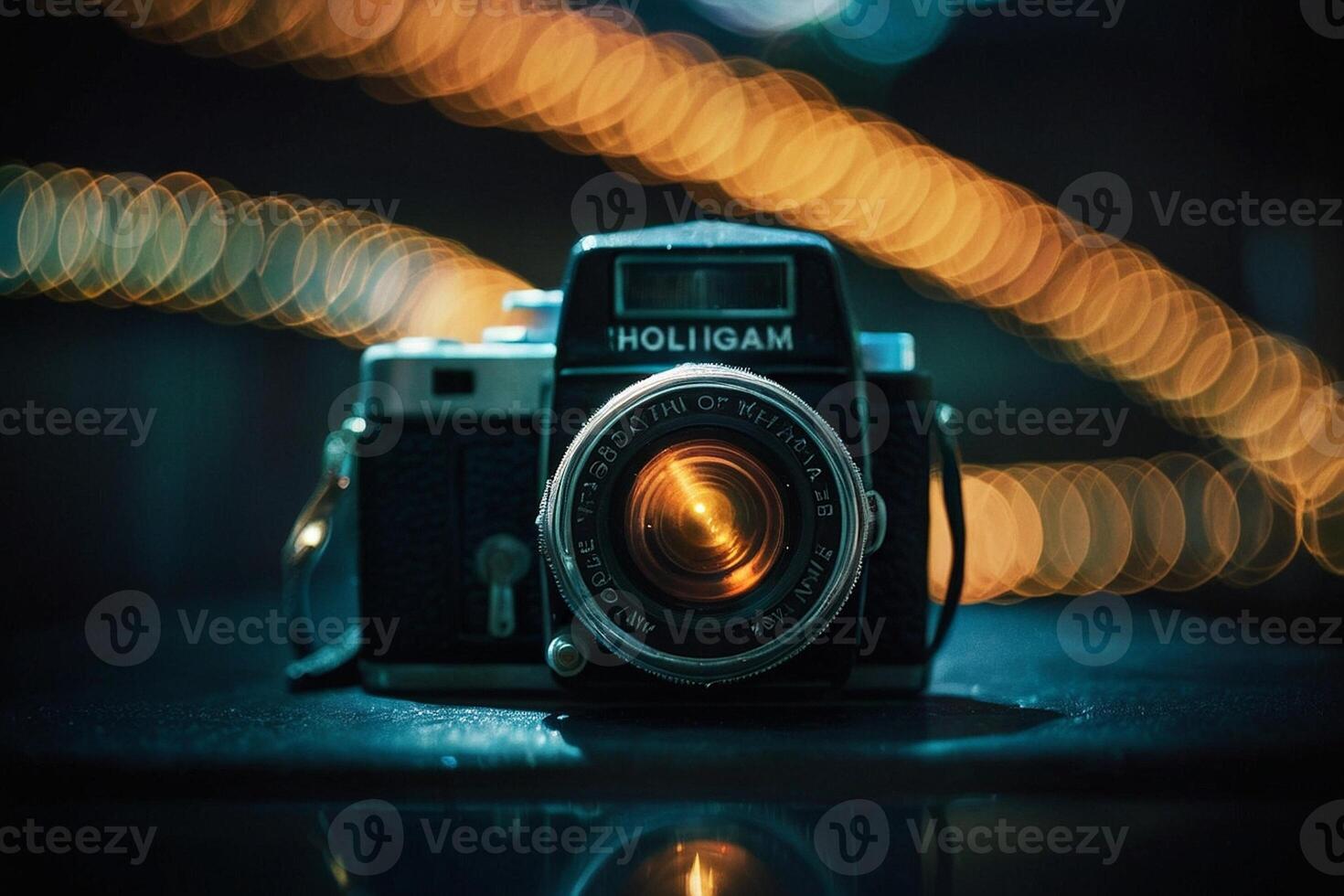 a camera is shown in front of a bokeh light photo