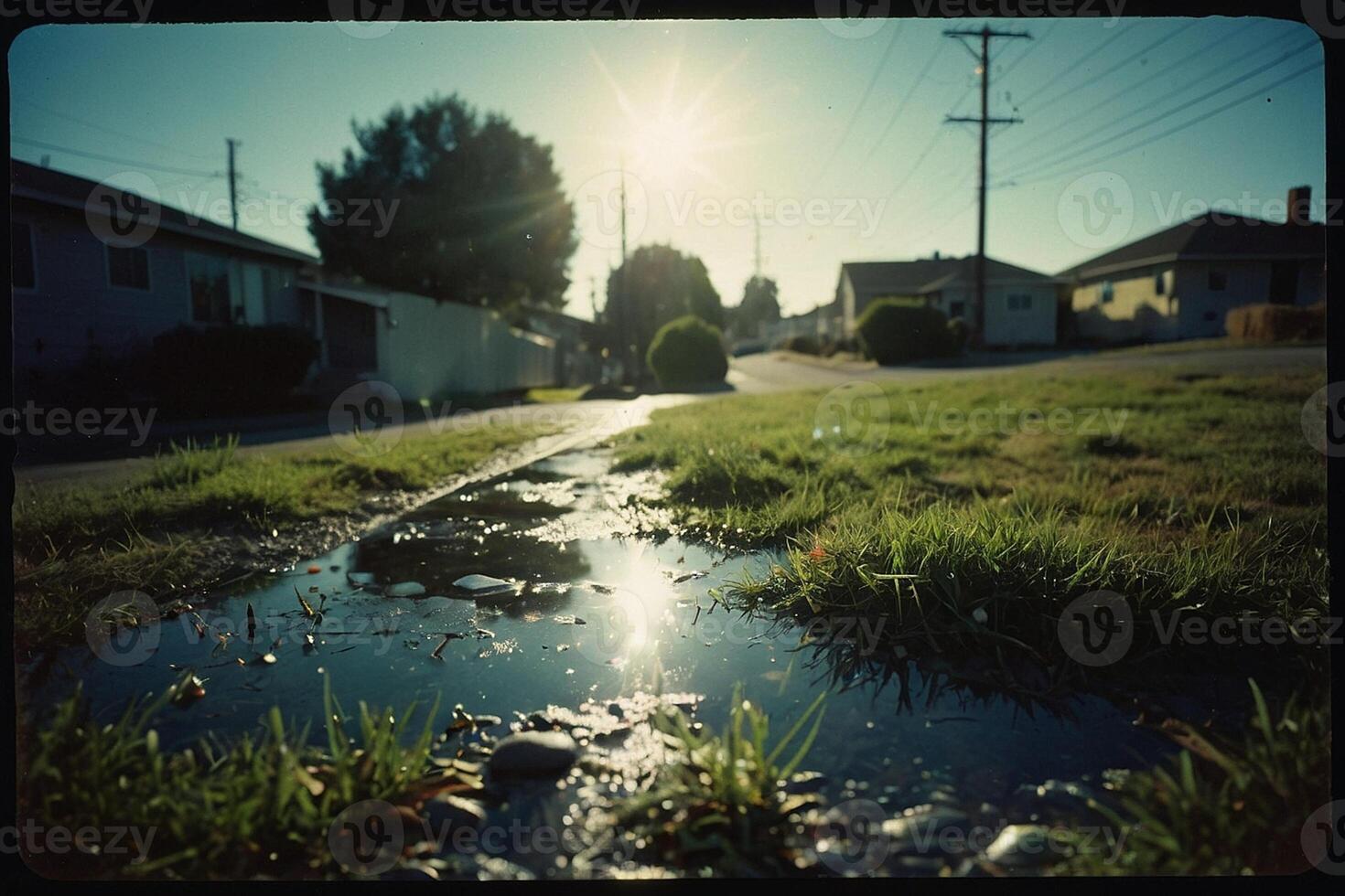 a puddle of water on the ground in front of a house photo