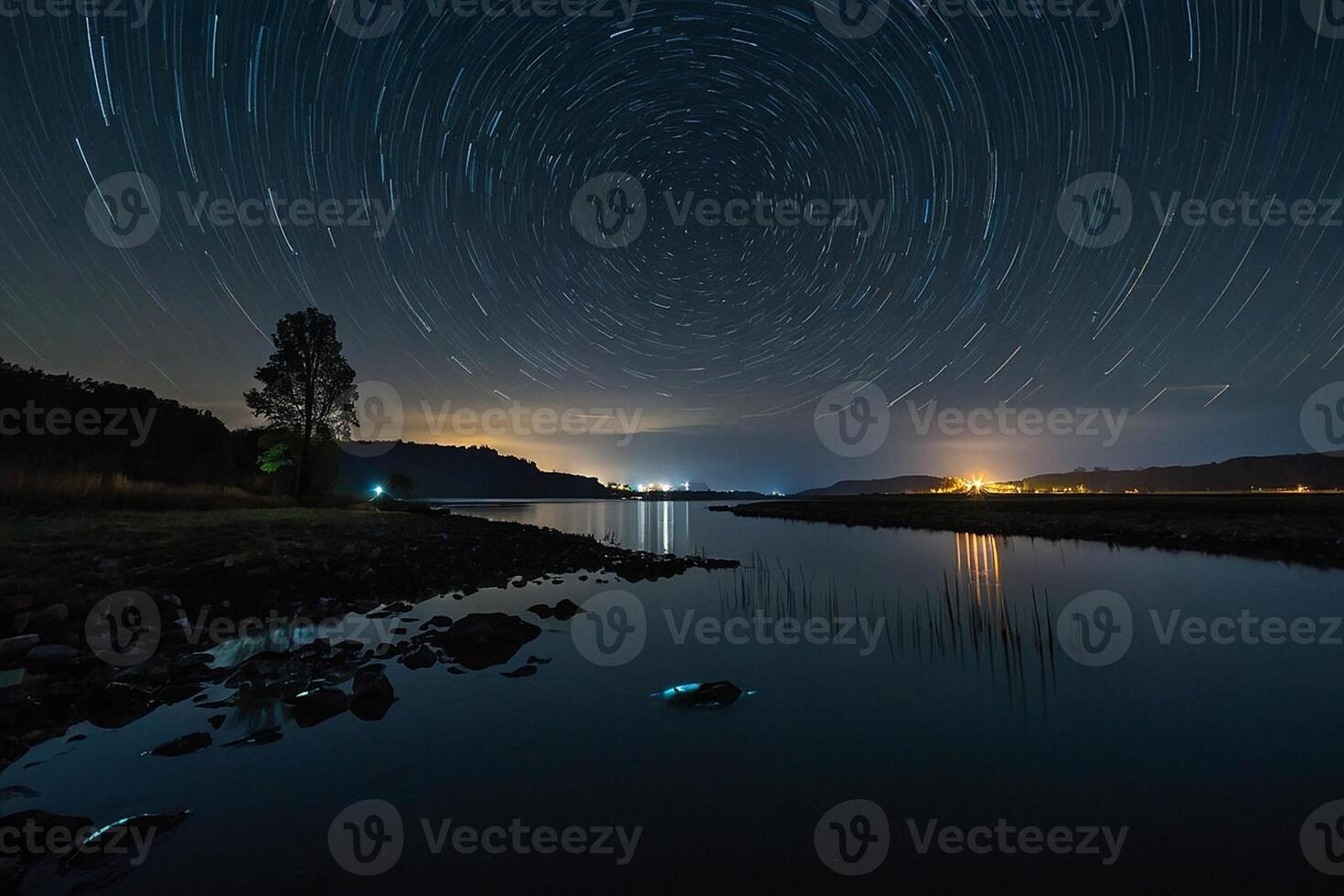 star trails over a stream in the middle of a field photo