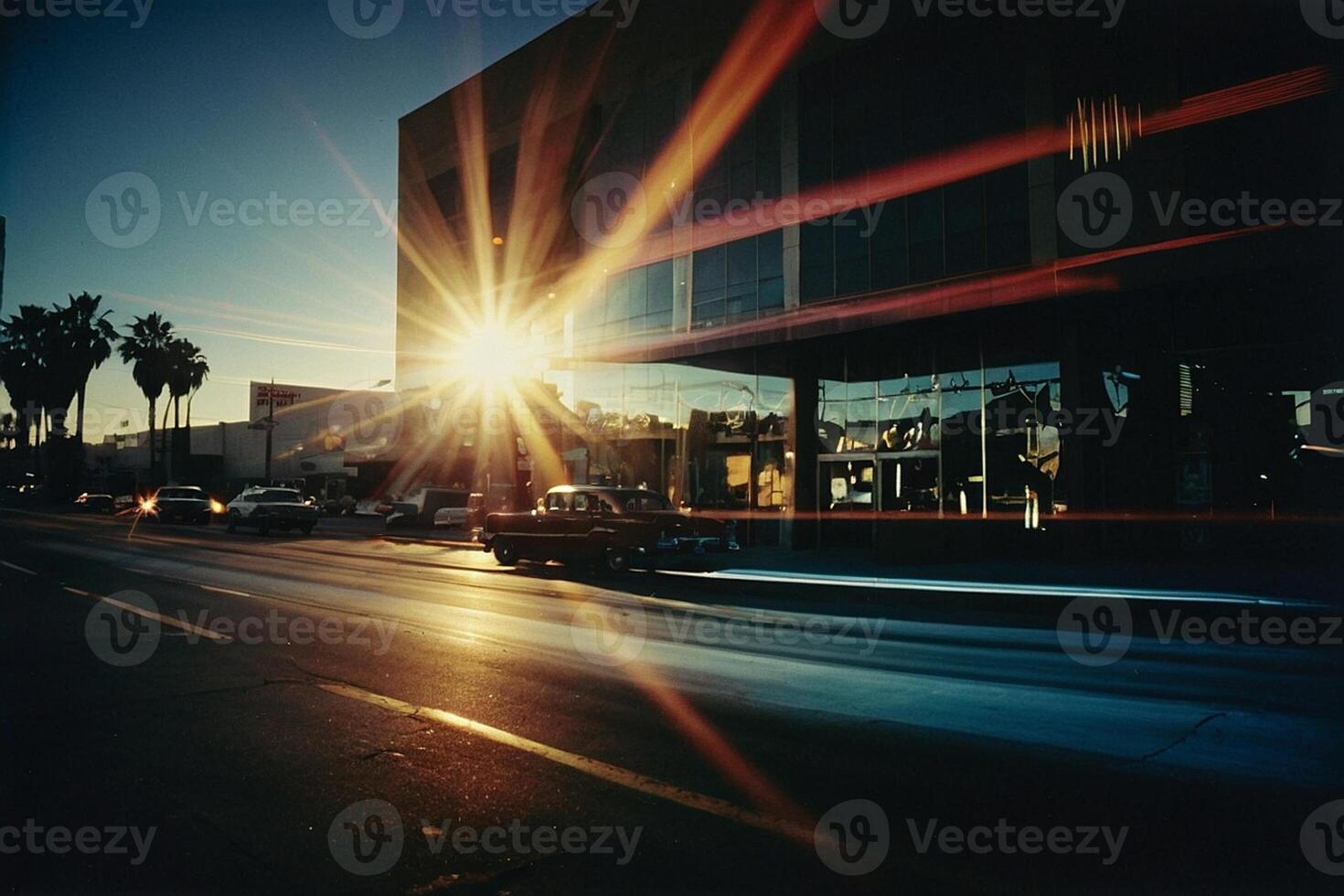 a car drives down a street at sunset photo