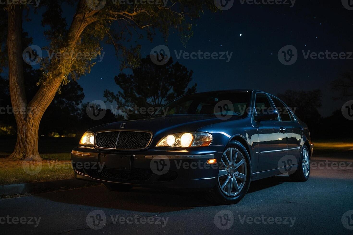 a car parked at night in front of a tree photo