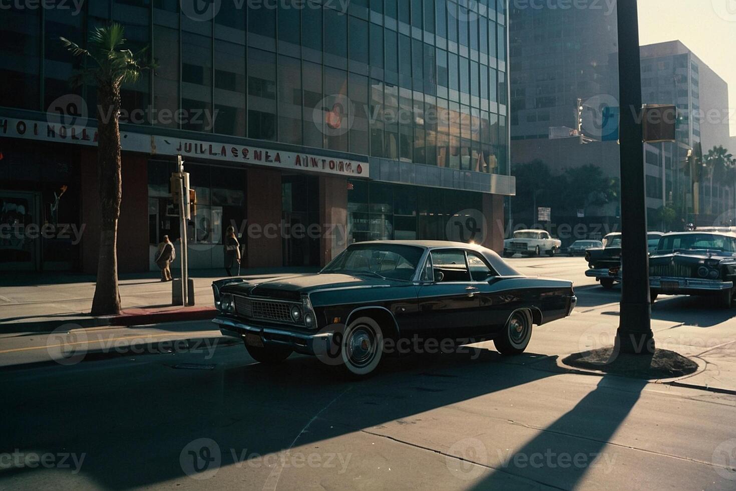 an old car is parked on the street in front of a building photo