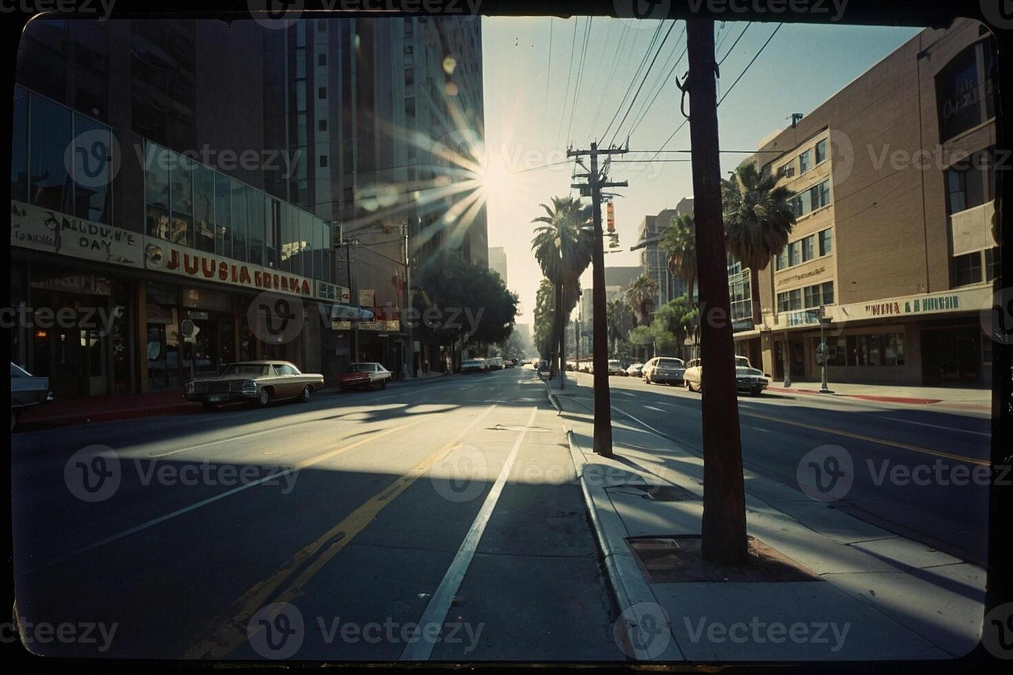 a car drives down a city street with palm trees photo