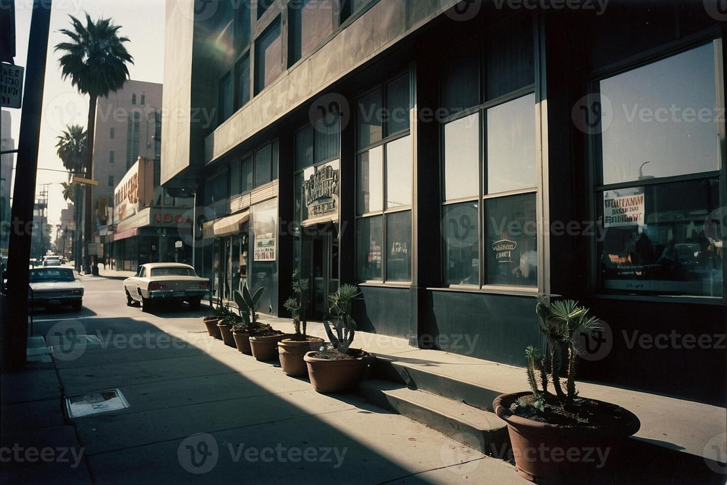 a car drives down a city street with palm trees photo