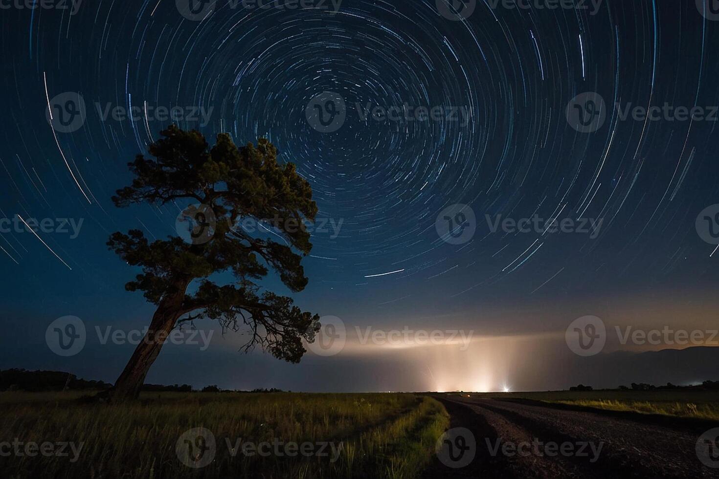 a lone tree is in the middle of a field with star trails photo