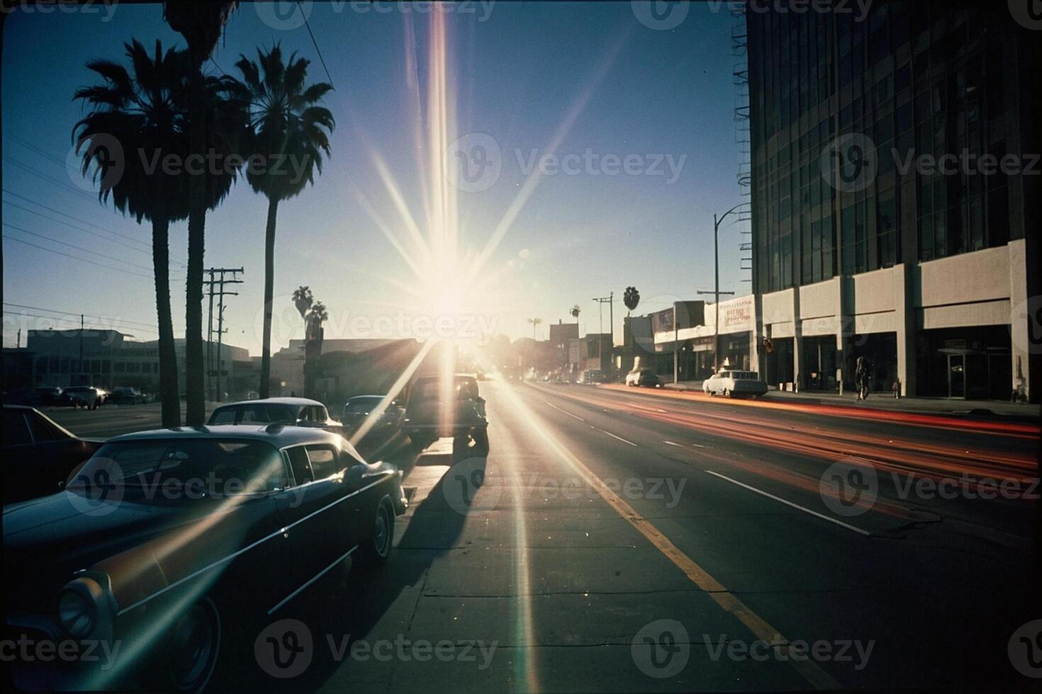 a car drives down a street with palm trees in the background photo