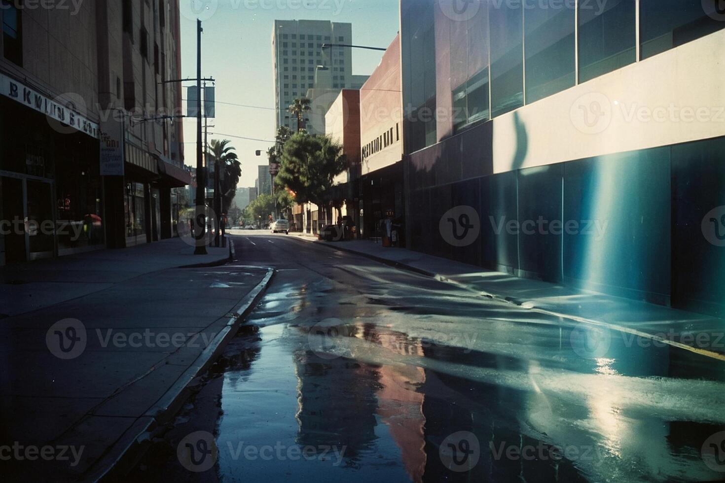 un calle con edificios y un charco en el medio foto