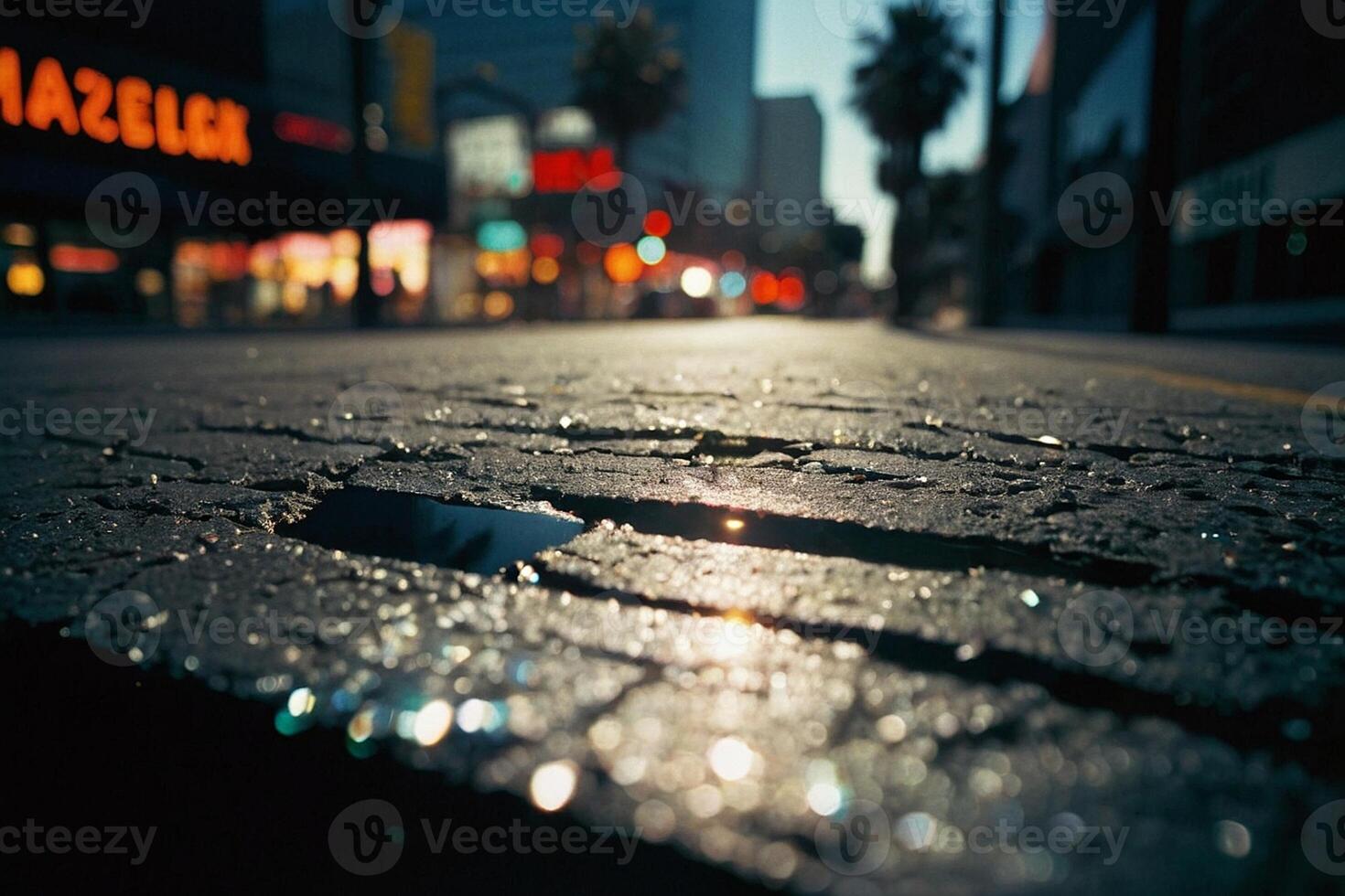 a puddle of water on the street in front of a building photo