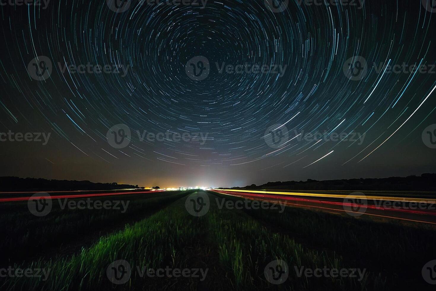 star trails over a field at night photo