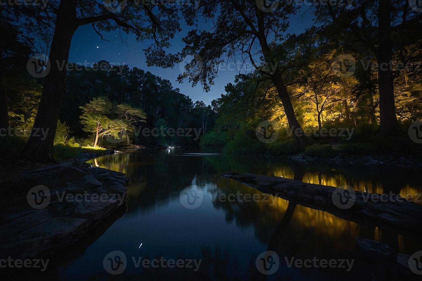 un río a noche con arboles y luces foto