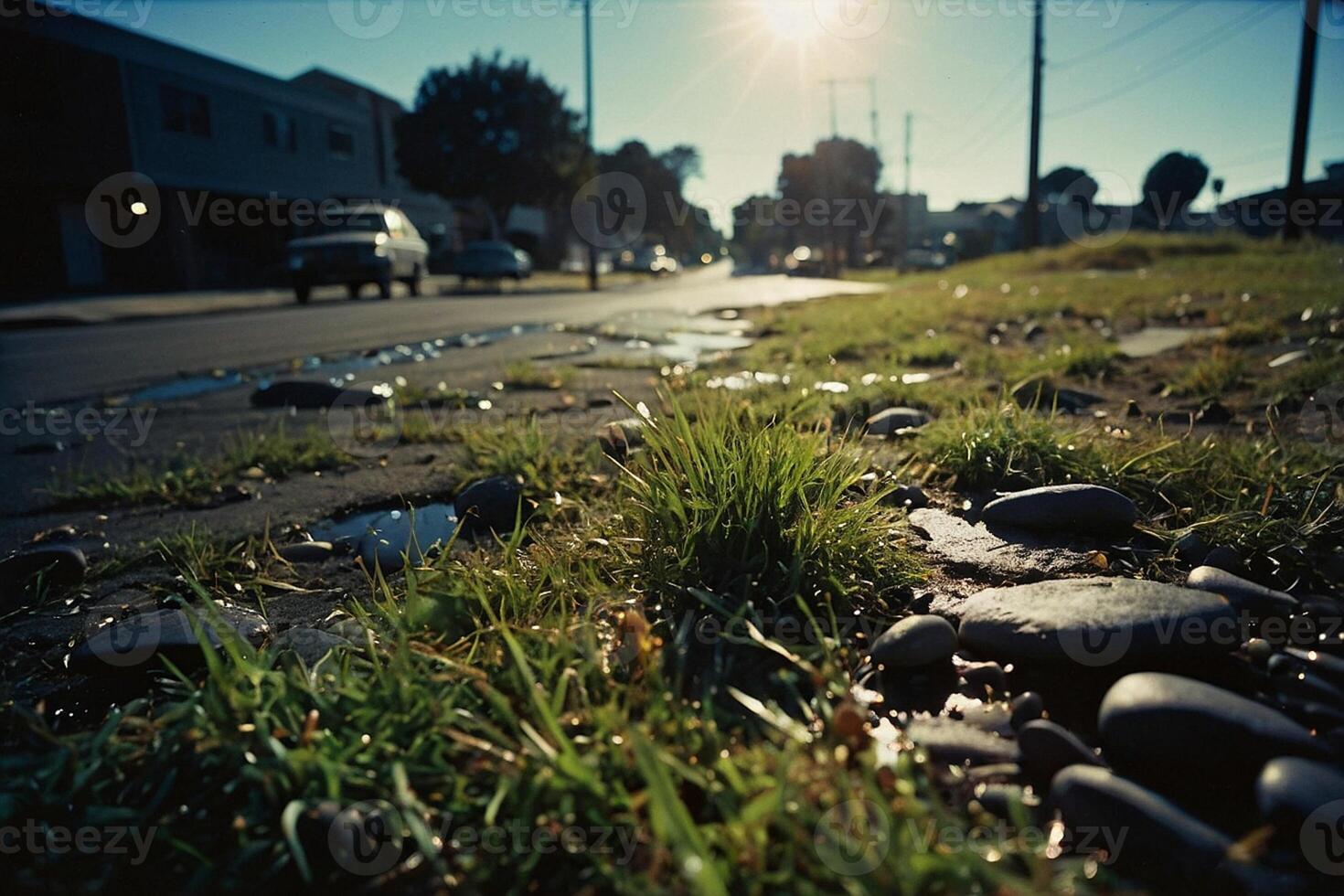 a grassy area with water and rocks photo