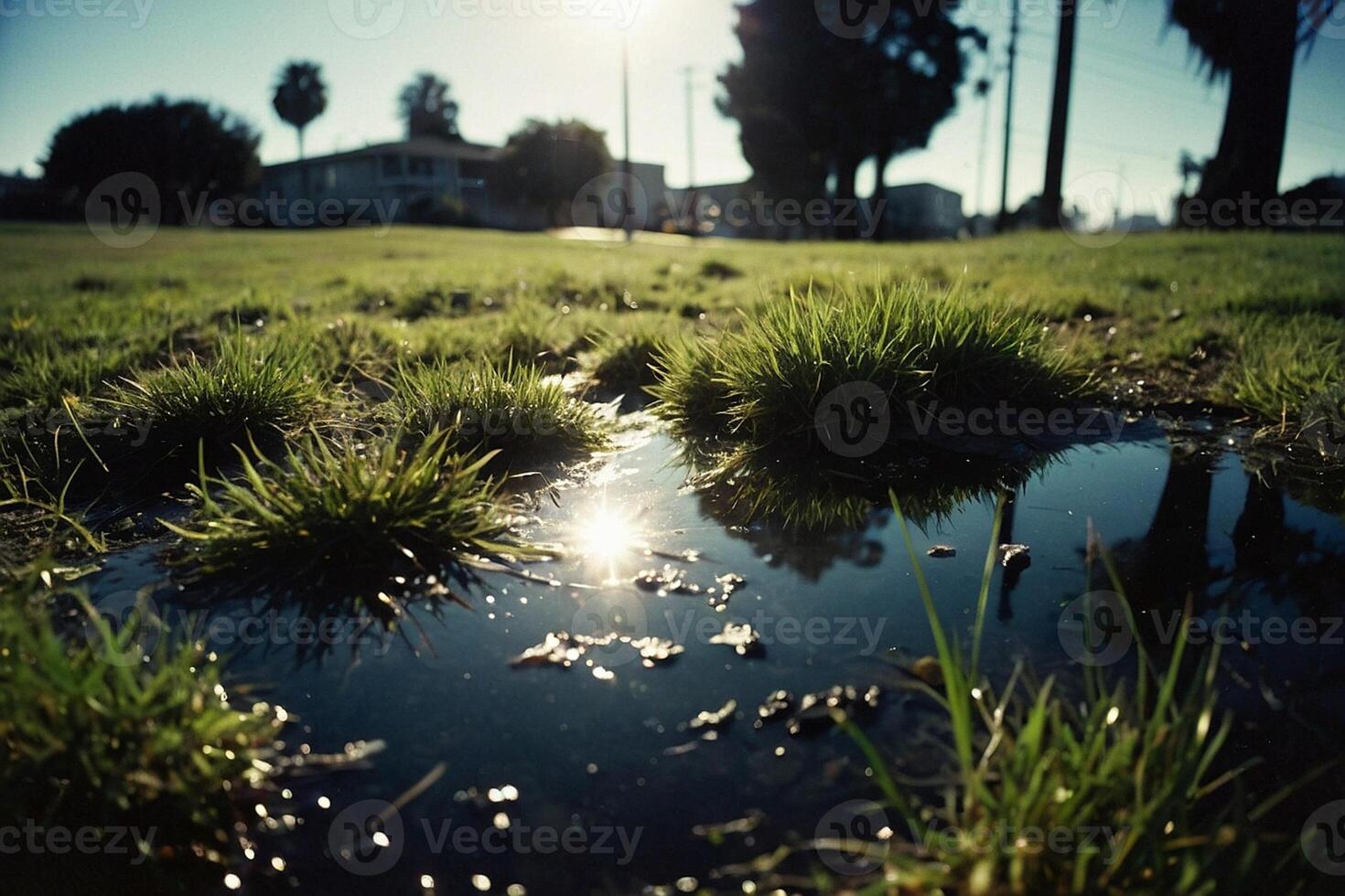 a grassy area with water and rocks photo