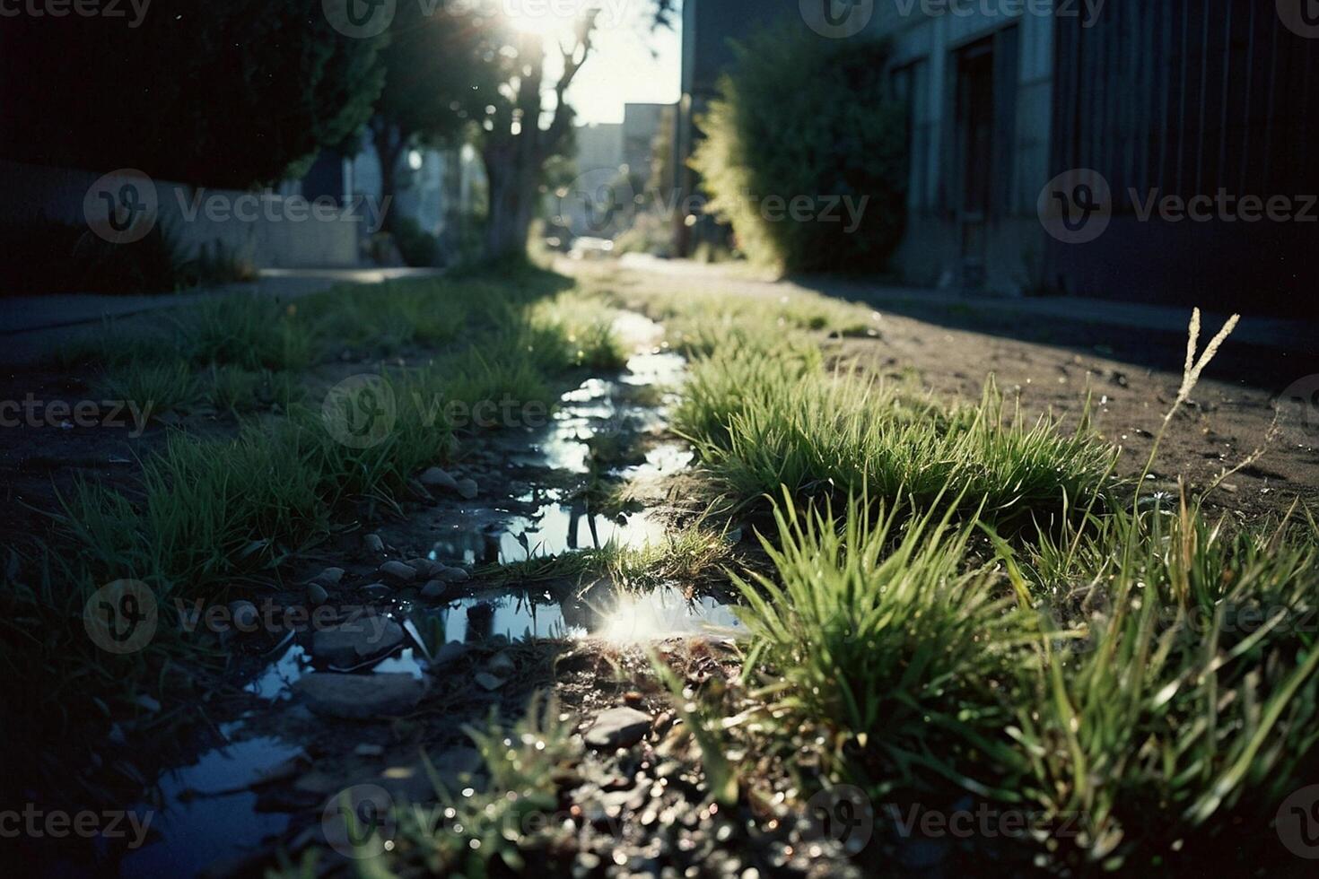 a grassy area with water and rocks photo