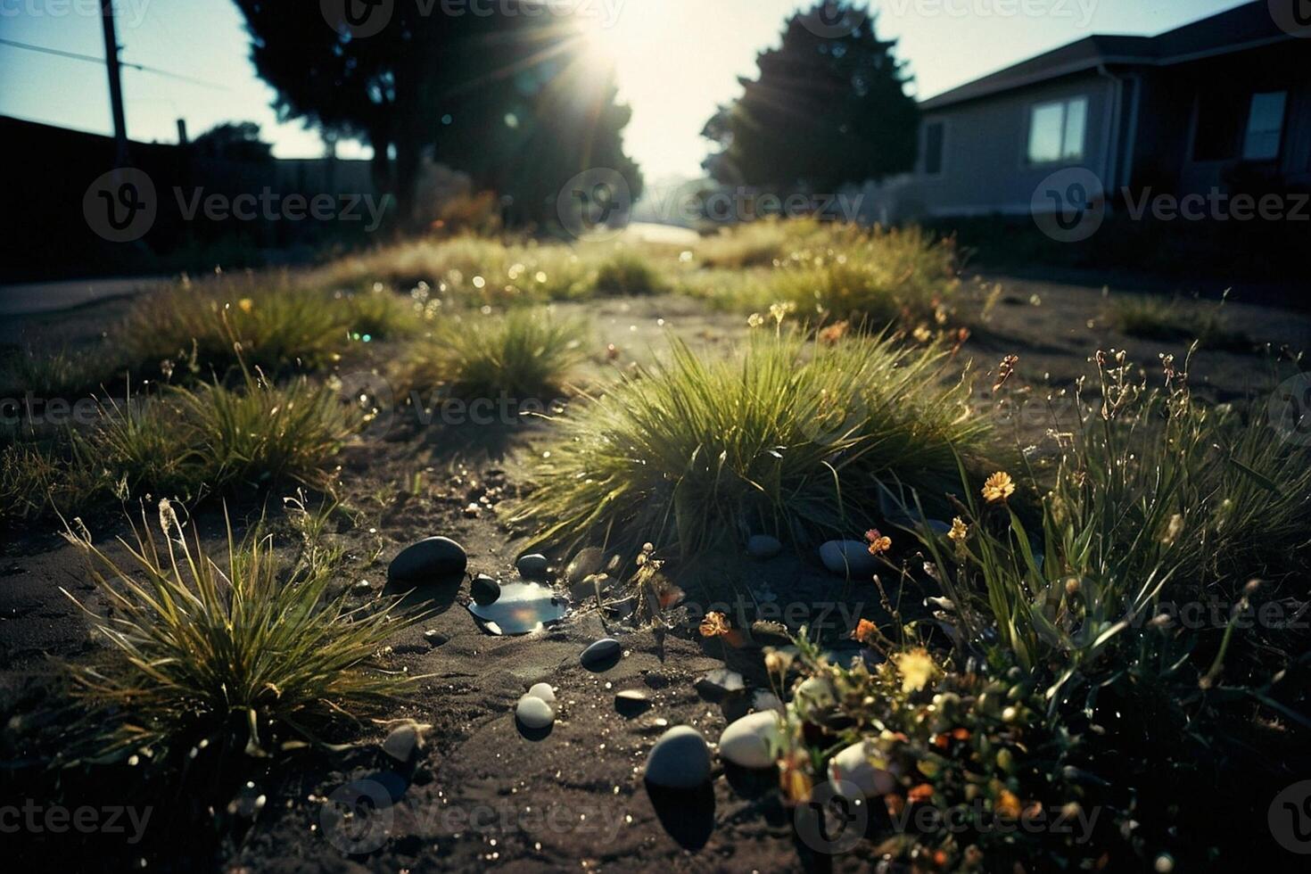 a grassy area with water and rocks photo