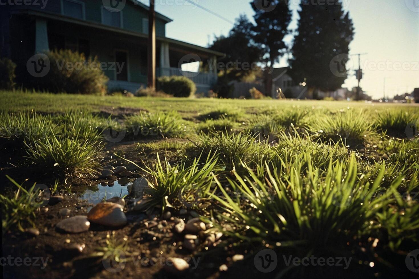 a grassy area with water and rocks photo