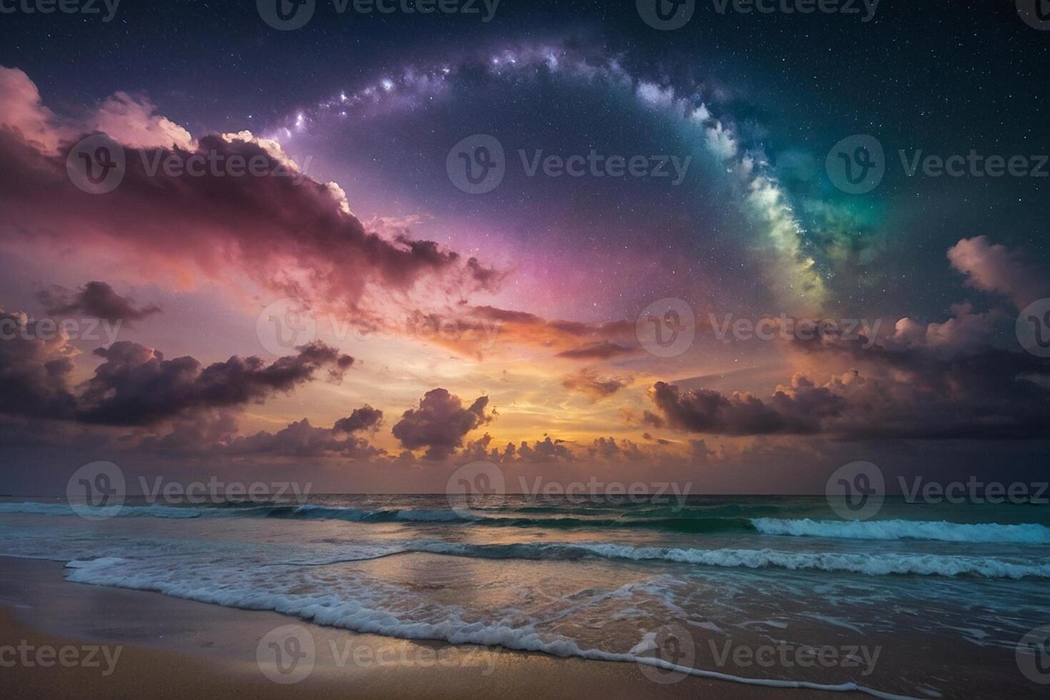 a stormy sky over the ocean and beach at sunset photo