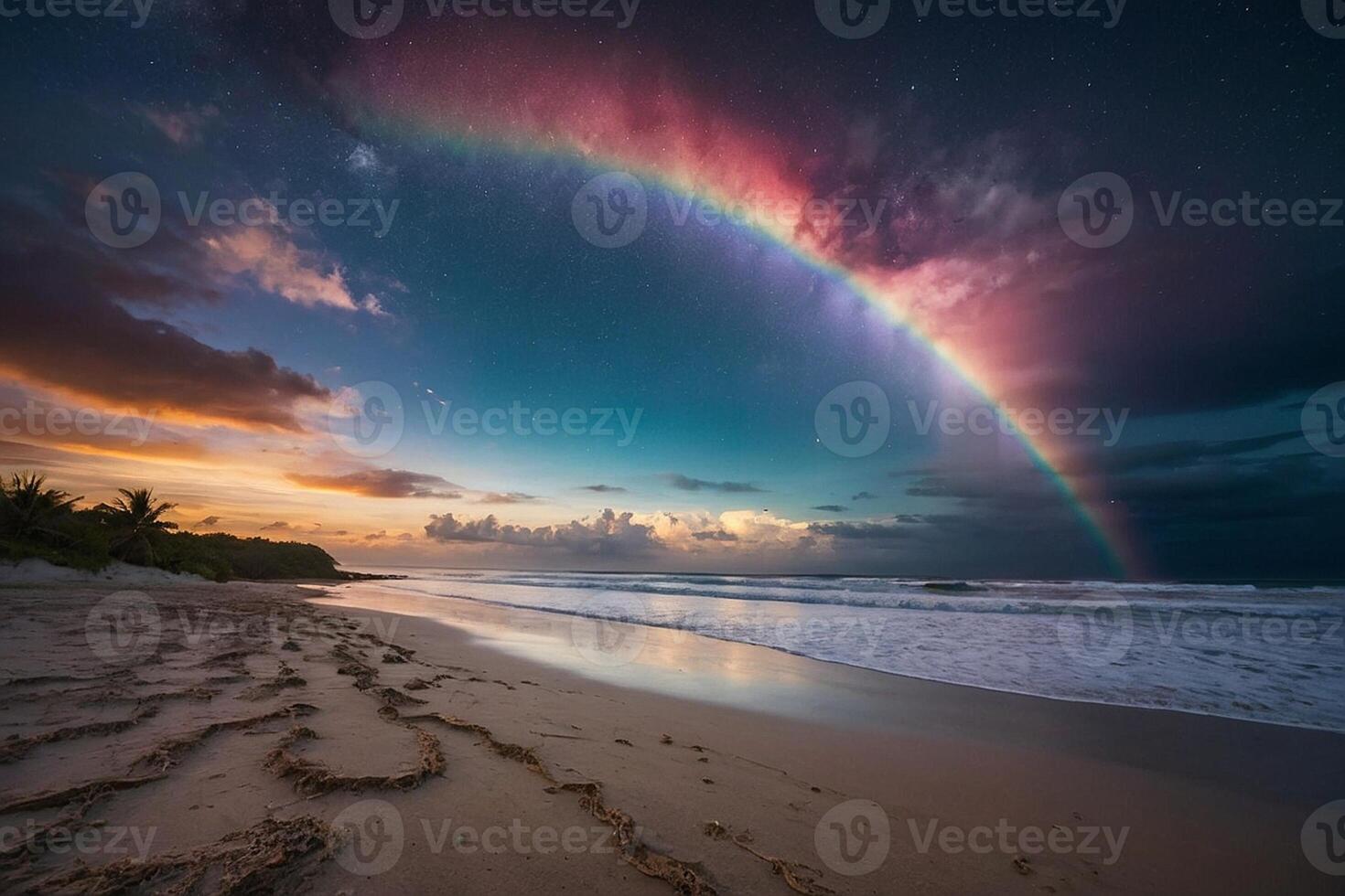 a rainbow is seen over the ocean as it is reflected in the water photo