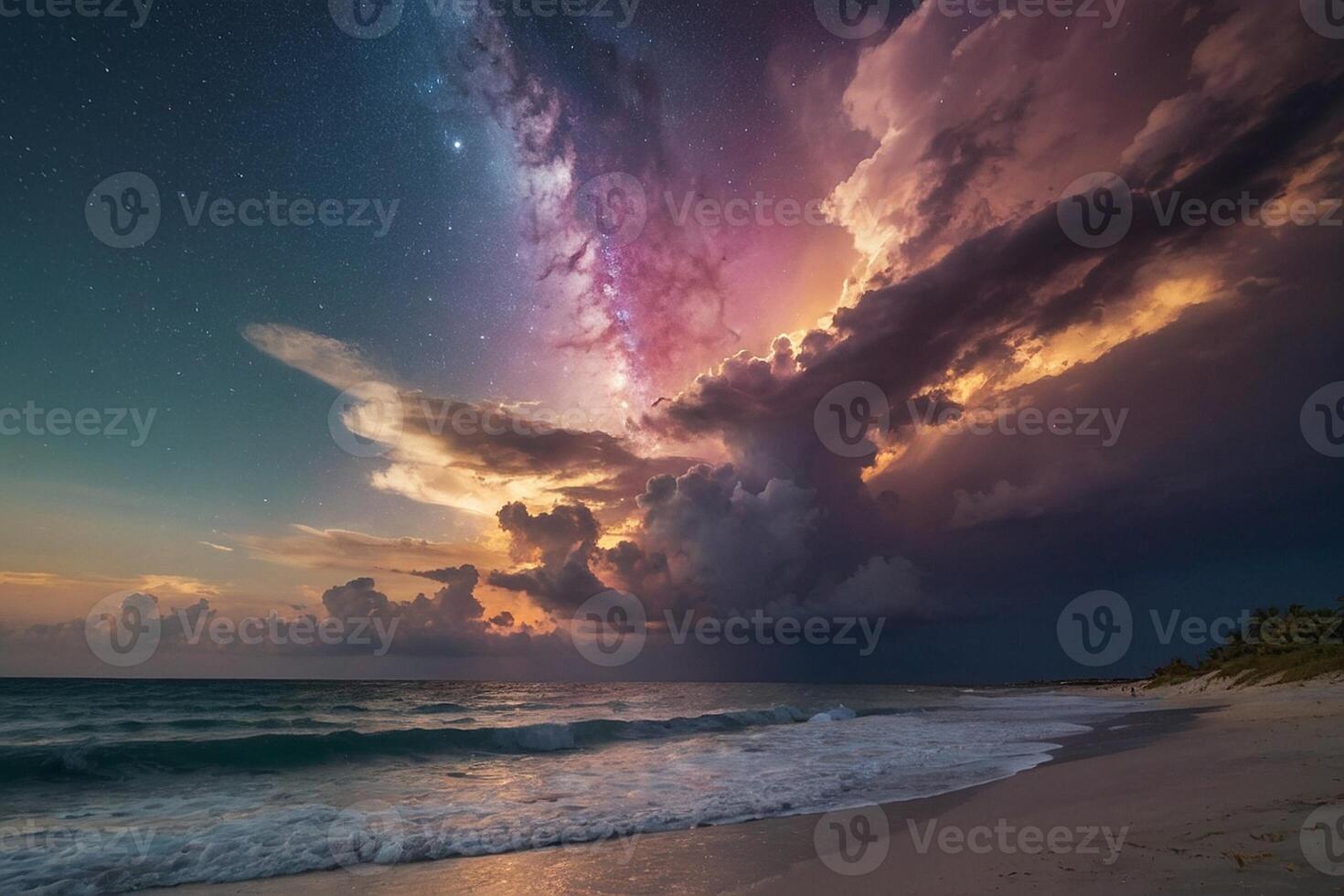 a rainbow is seen over the ocean as it is reflected in the water photo