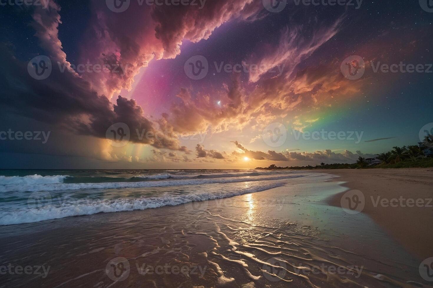 a rainbow over the ocean at night photo