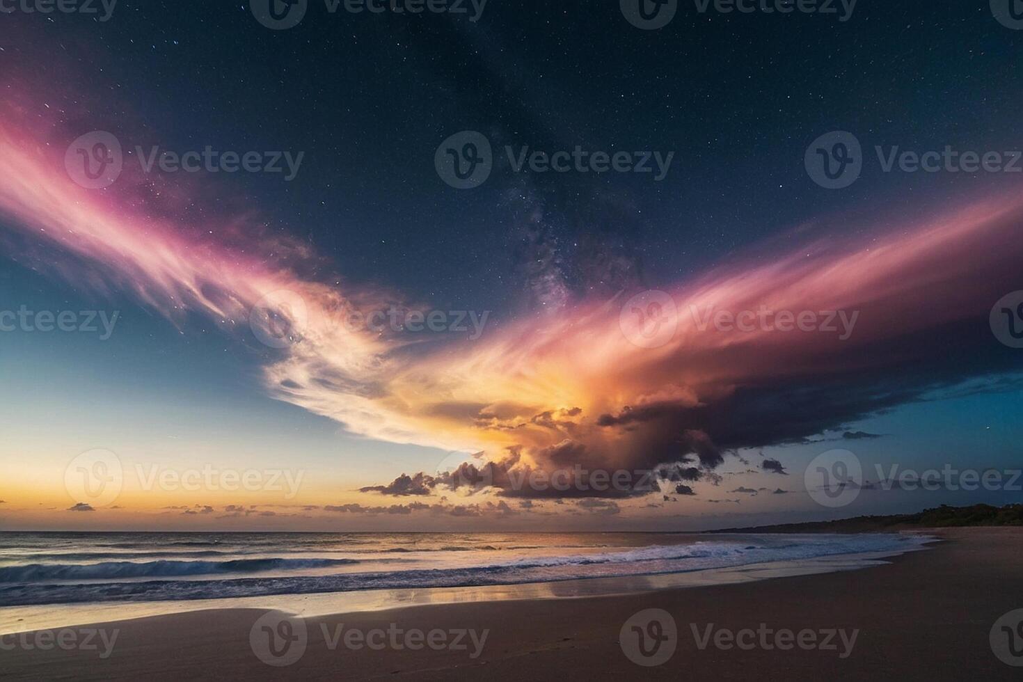 a colorful sunset over the ocean and beach photo