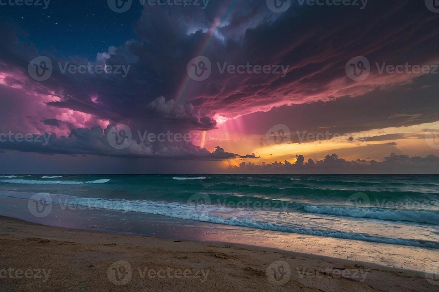 un vistoso puesta de sol terminado el Oceano y playa foto