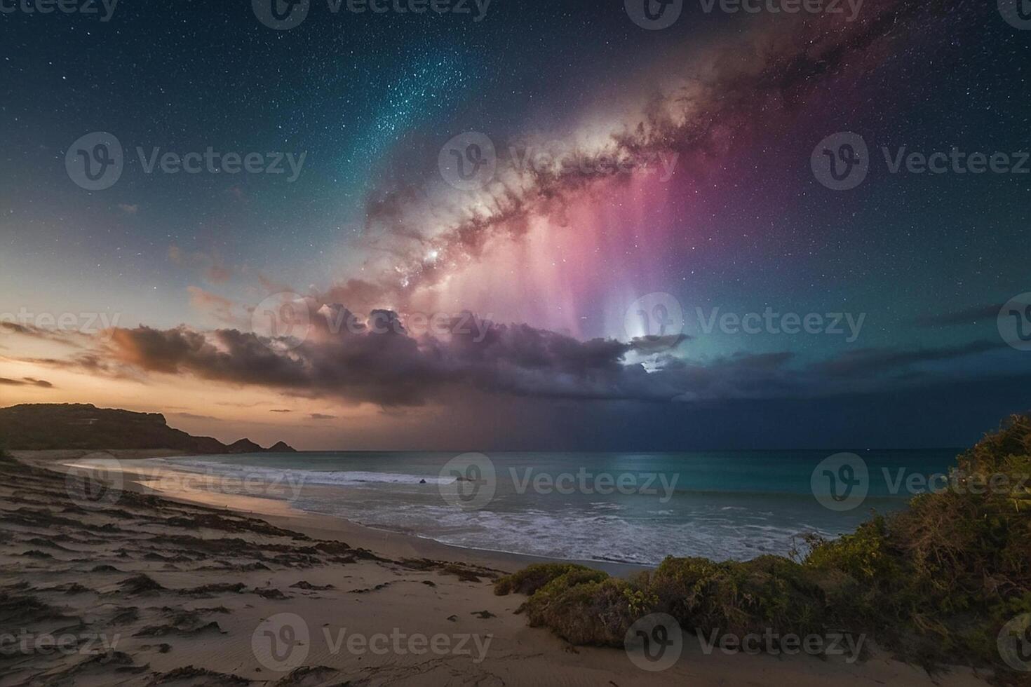 un arco iris y nubes son visto terminado el Oceano foto