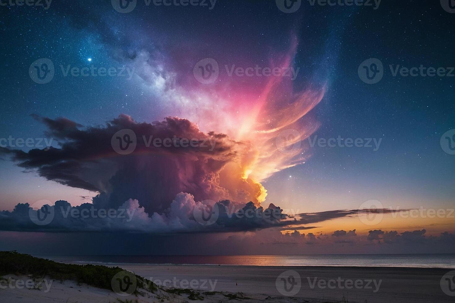 a rainbow is seen over the ocean at night photo