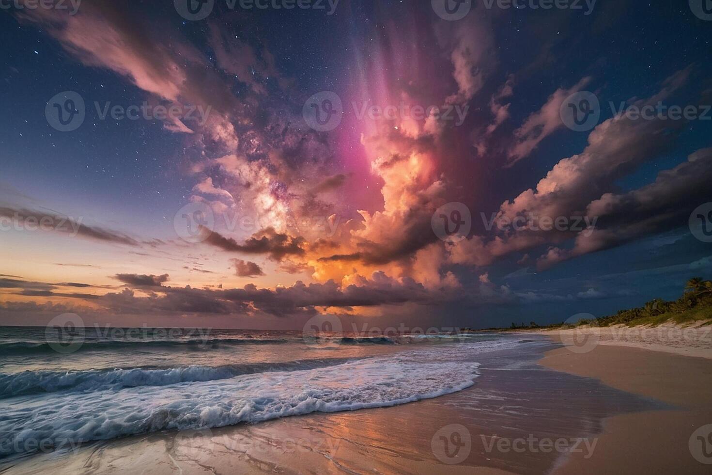 a rainbow is seen over the ocean at night photo