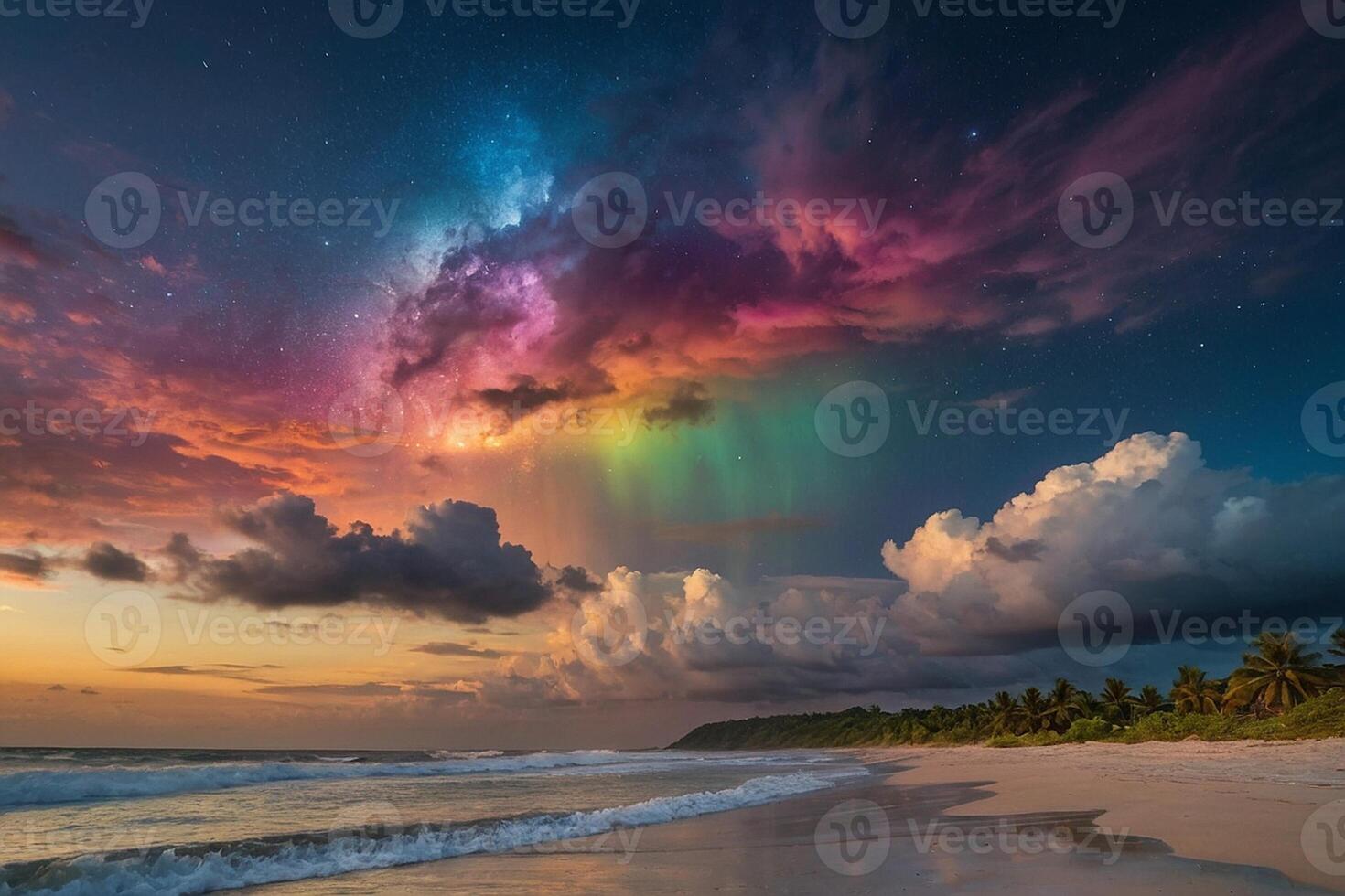 a rainbow is seen over the ocean at night photo